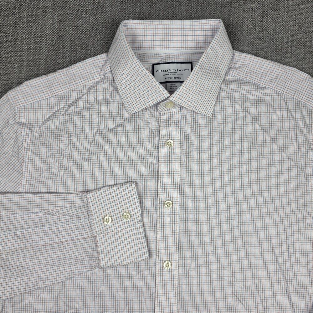 Charles Tyrwhitt Men 16.5 35 Slim Fit Egyptian Cotton Grid Dress Shirt White Red